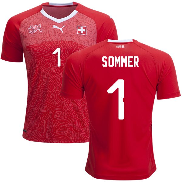 #1 Switzerland Yann Sommer Men's Jersey - Red & White Home Short Shirt 2018 Soccer Puma